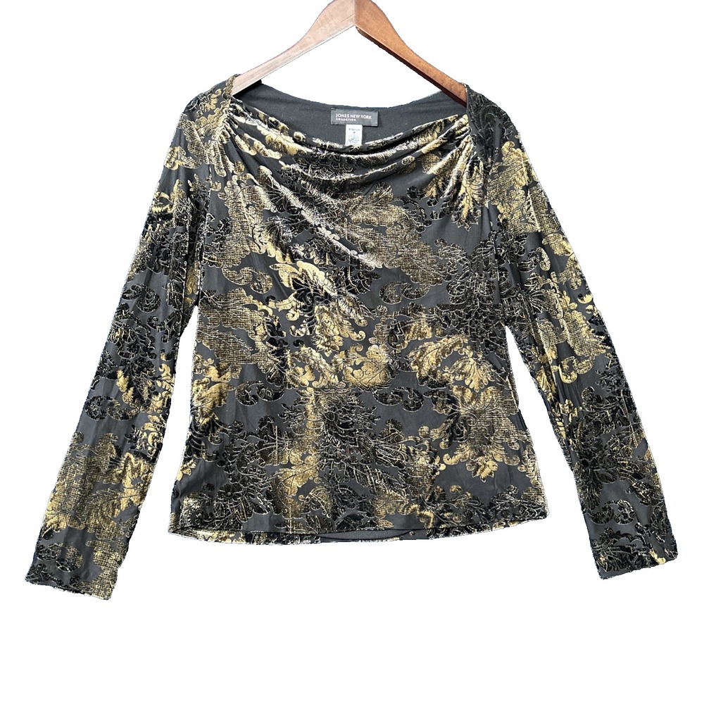 Vintage Jones New York Womens Velvet Burnout Top Size M Gold Y2K‎ Gothic LS